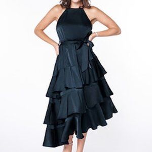 NWT Luxedo Stunning Halter NeckTiered Midi Navy Special Event Dress XS